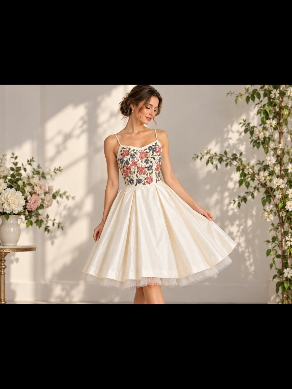 Vintage 1950s 1960s Ivory Fit & Flare Dress Floral Beaded Bodice Spaghetti Strap